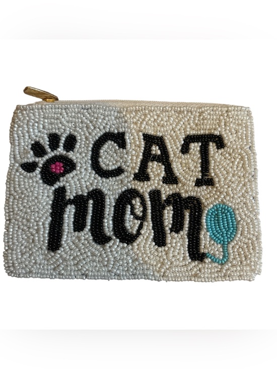 Accessories - Hand Beaded 'Cat Mom' Zip Coin Pouch - White Black Aqua Pink